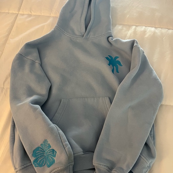Pink Palm Puff Tops - Blue Graphic Hoodie
